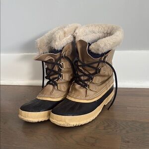 Tan and Black Winter Boots with Wool Lining